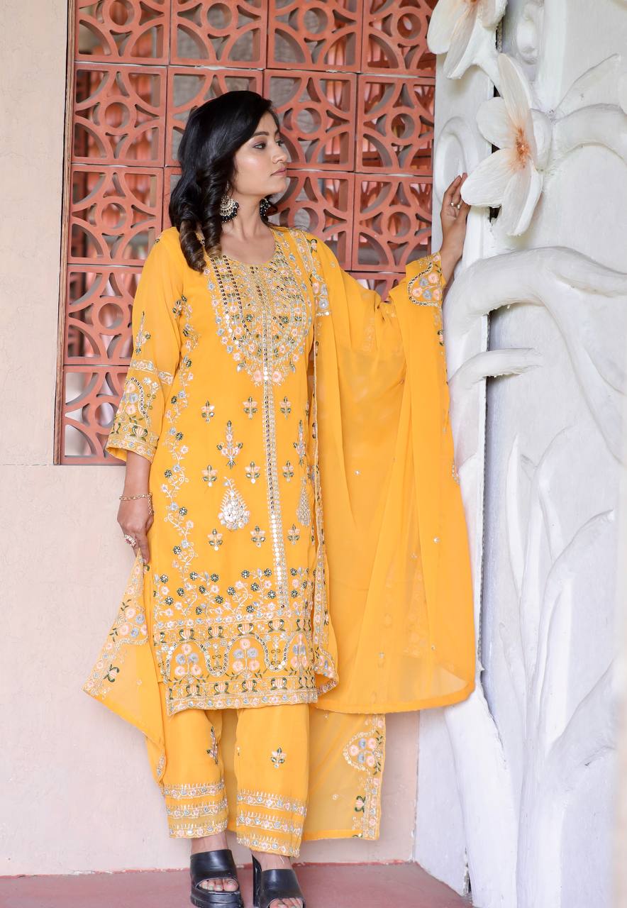 Elegant Faux Georgette Silk Sequin Embroidered Kurti Set with Sequin Embroidery & Lace Dupatta