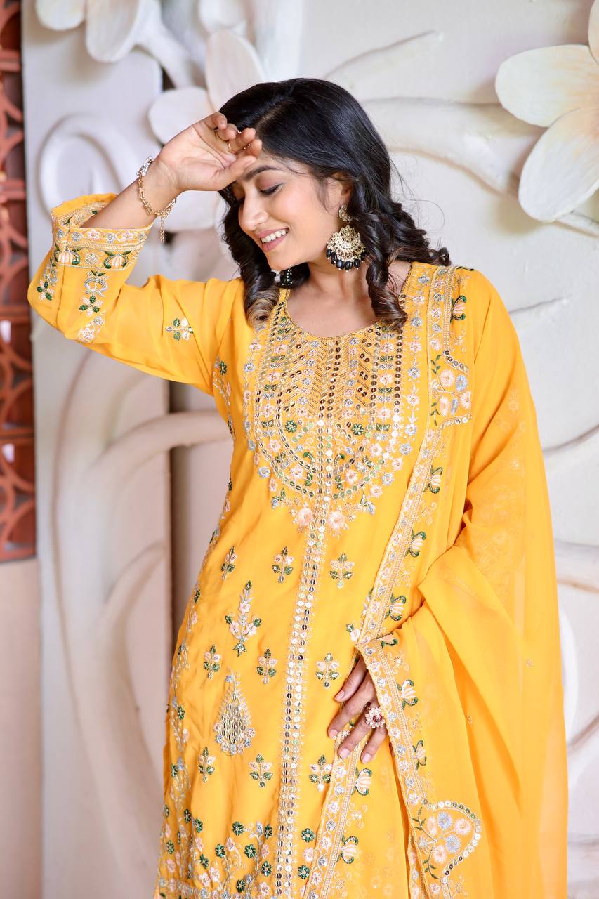 Elegant Faux Georgette Silk Sequin Embroidered Kurti Set with Sequin Embroidery & Lace Dupatta