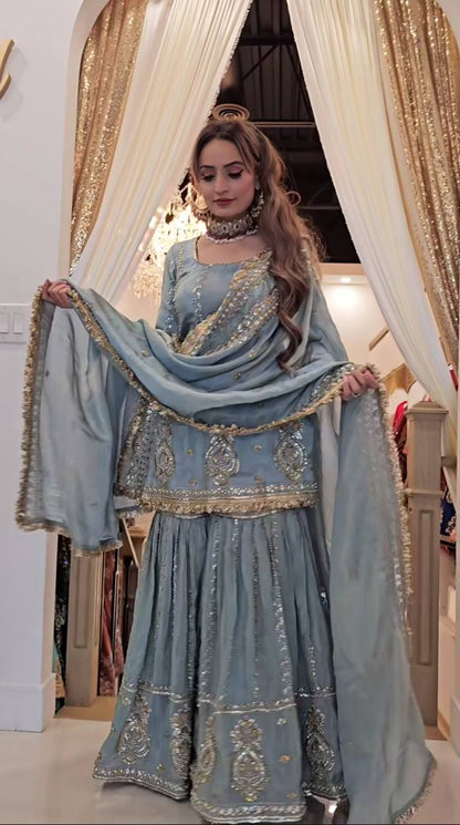 Women’s Chinon Silk Embroidered Sharara Set with Dupatta | Heavy Embroidery Work Kurti & Plazzo | Fully Stitched Party Wear Suit
