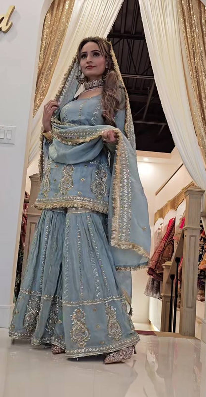 Women’s Chinon Silk Embroidered Sharara Set with Dupatta | Heavy Embroidery Work Kurti & Plazzo | Fully Stitched Party Wear Suit