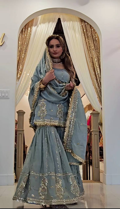 Women’s Chinon Silk Embroidered Sharara Set with Dupatta | Heavy Embroidery Work Kurti & Plazzo | Fully Stitched Party Wear Suit