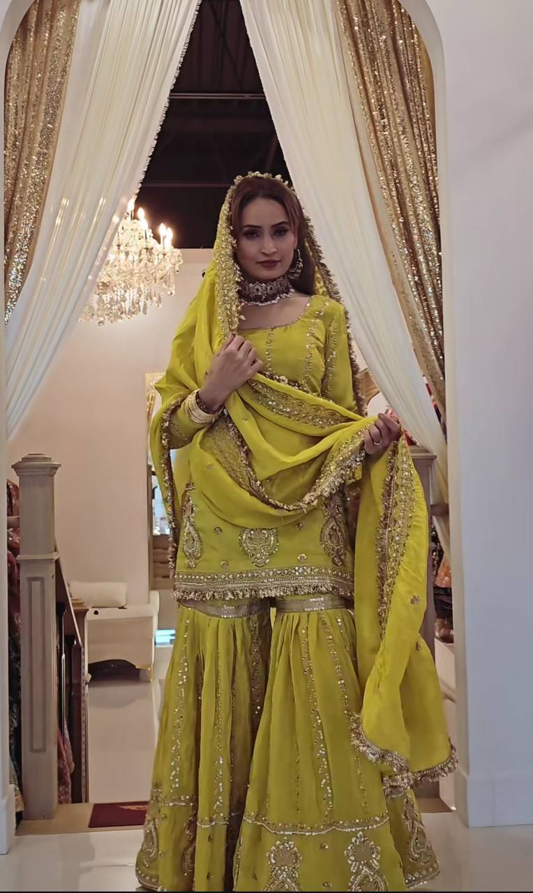 Women’s Chinon Silk Embroidered Sharara Set with Dupatta | Heavy Embroidery Work Kurti & Plazzo | Fully Stitched Party Wear Suit