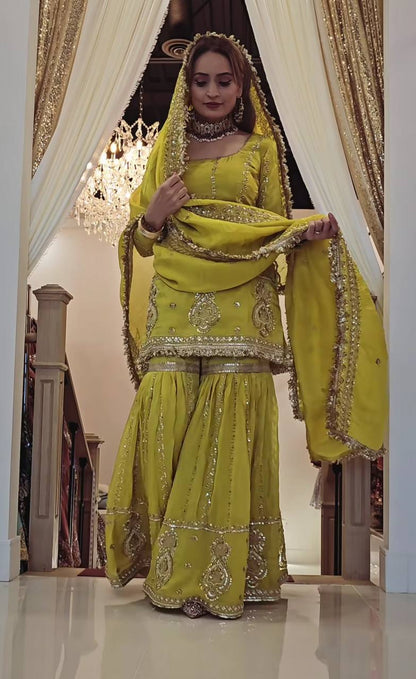 Women’s Chinon Silk Embroidered Sharara Set with Dupatta | Heavy Embroidery Work Kurti & Plazzo | Fully Stitched Party Wear Suit