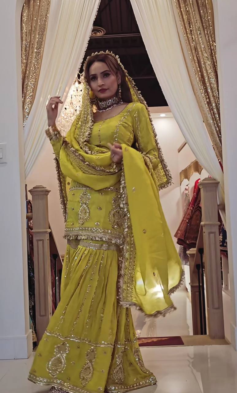 Women’s Chinon Silk Embroidered Sharara Set with Dupatta | Heavy Embroidery Work Kurti & Plazzo | Fully Stitched Party Wear Suit