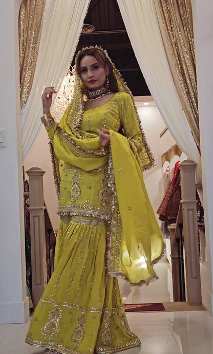 Women’s Chinon Silk Embroidered Sharara Set with Dupatta | Heavy Embroidery Work Kurti & Plazzo | Fully Stitched Party Wear Suit
