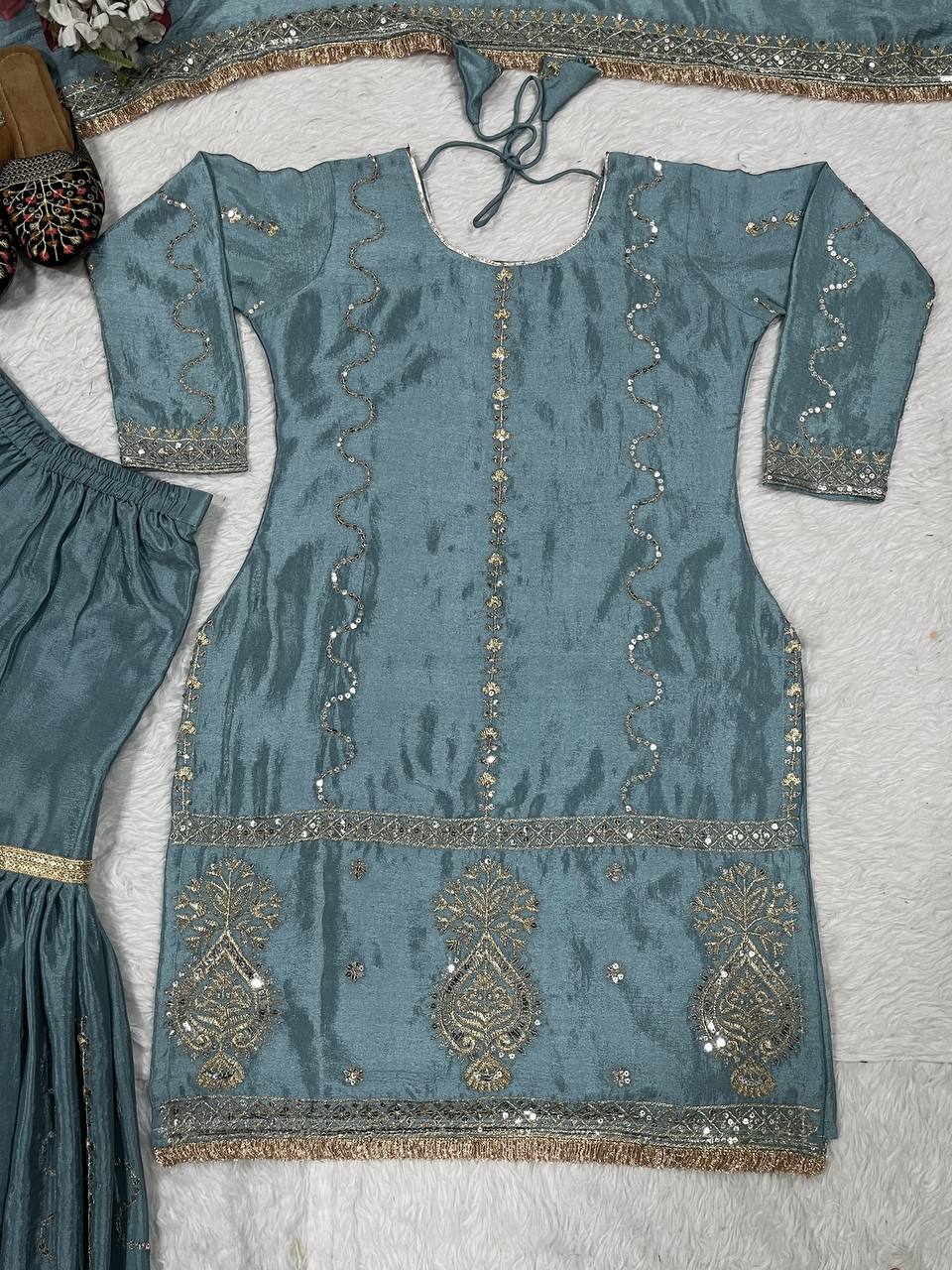 Women’s Chinon Silk Embroidered Sharara Set with Dupatta | Heavy Embroidery Work Kurti & Plazzo | Fully Stitched Party Wear Suit