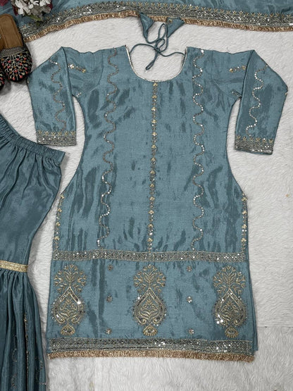 Women’s Chinon Silk Embroidered Sharara Set with Dupatta | Heavy Embroidery Work Kurti & Plazzo | Fully Stitched Party Wear Suit