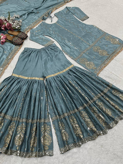 Women’s Chinon Silk Embroidered Sharara Set with Dupatta | Heavy Embroidery Work Kurti & Plazzo | Fully Stitched Party Wear Suit