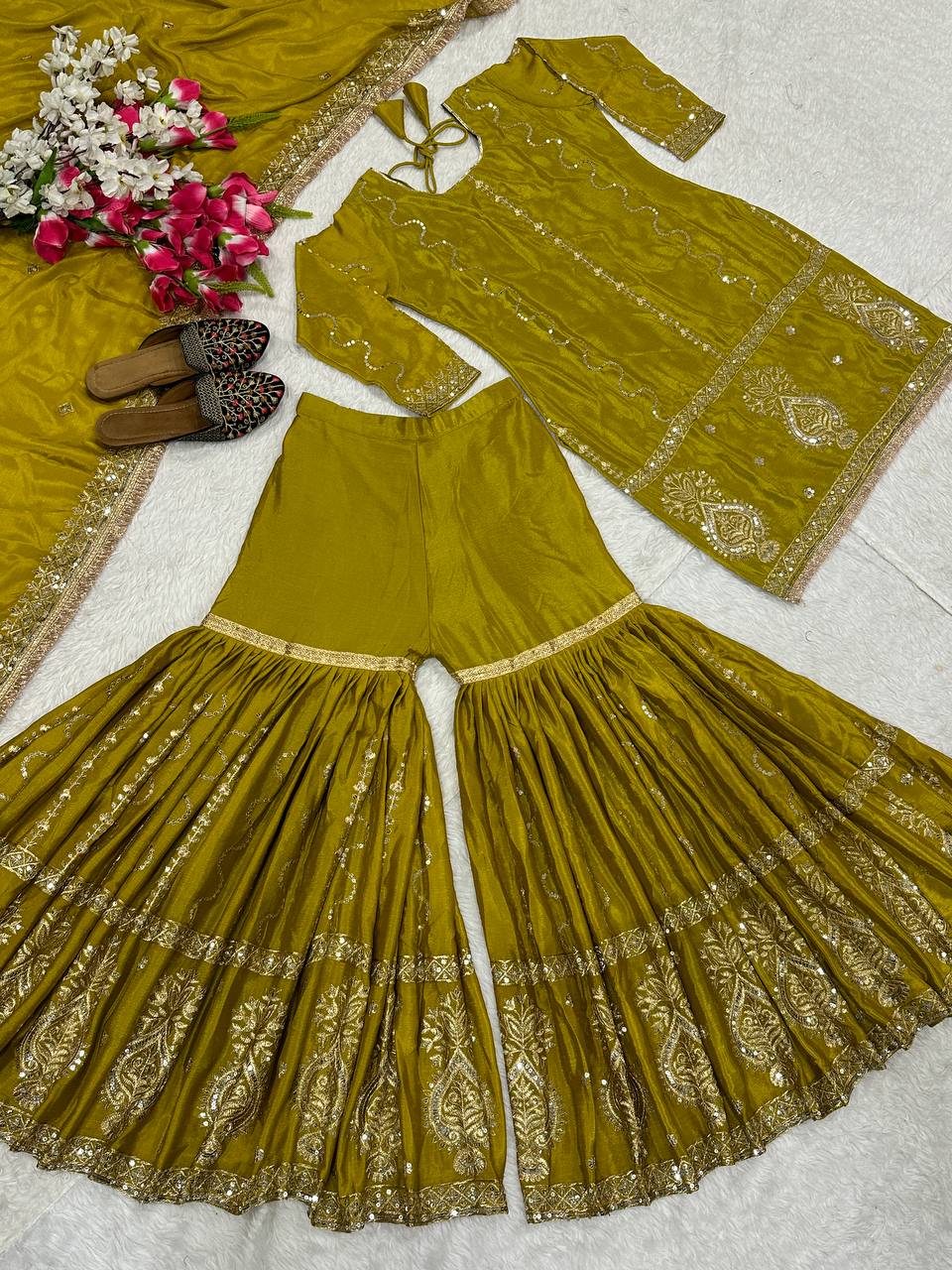 Women’s Chinon Silk Embroidered Sharara Set with Dupatta | Heavy Embroidery Work Kurti & Plazzo | Fully Stitched Party Wear Suit