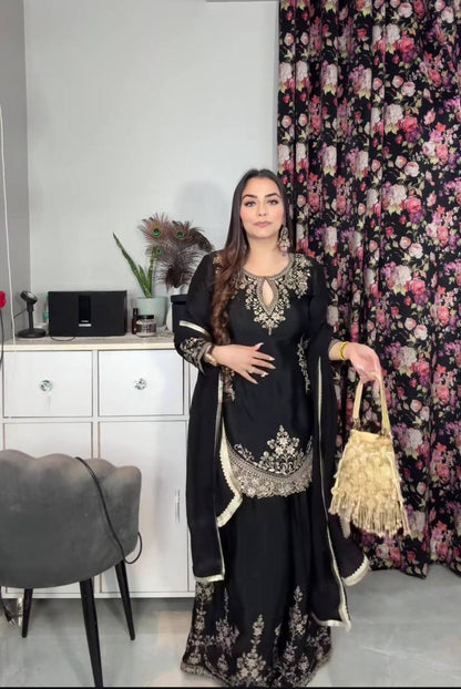 Women’s Heavy Chinon Silk Embroidered Sharara Set with Dupatta | Sequence Work Kurti & Palazzo | Fully Stitched Party Wear Suit