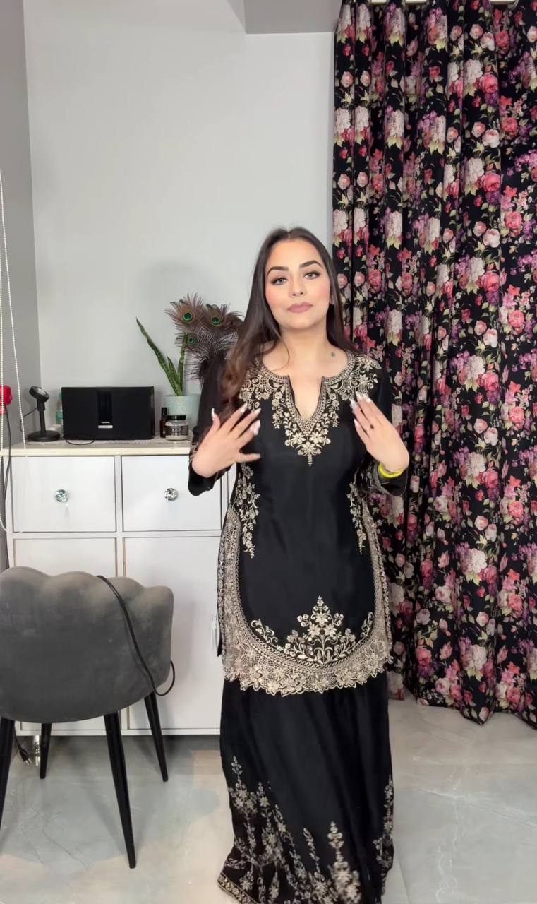 Women’s Heavy Chinon Silk Embroidered Sharara Set with Dupatta | Sequence Work Kurti & Palazzo | Fully Stitched Party Wear Suit