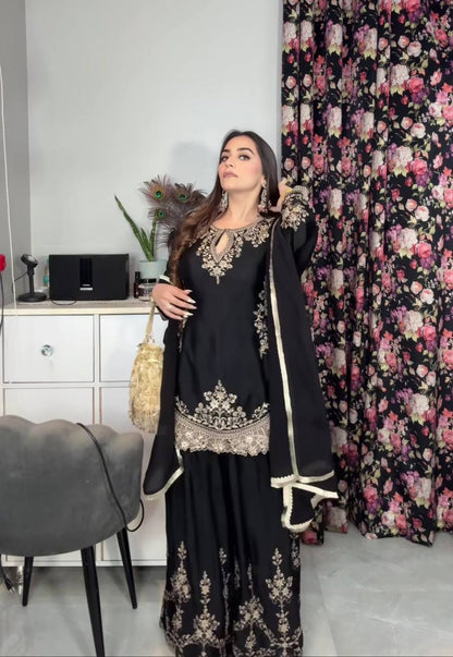 Women’s Heavy Chinon Silk Embroidered Sharara Set with Dupatta | Sequence Work Kurti & Palazzo | Fully Stitched Party Wear Suit