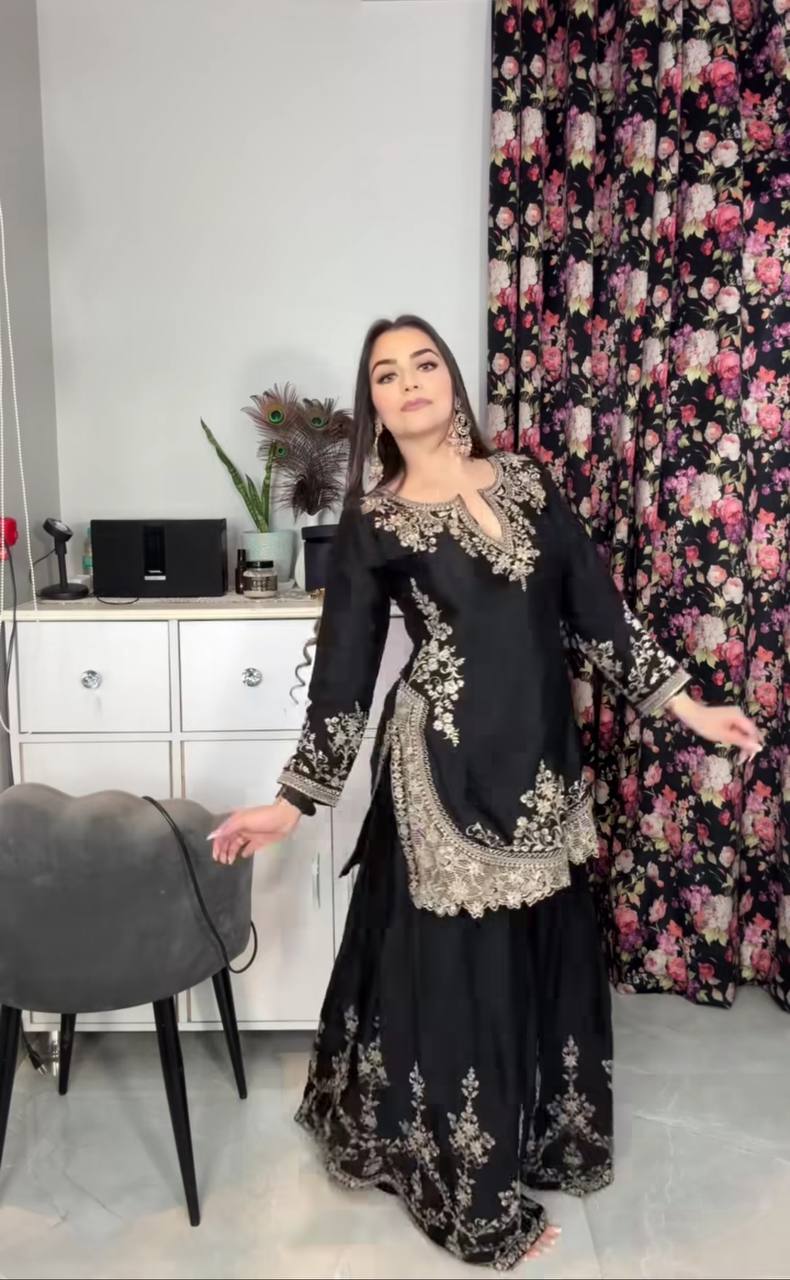 Women’s Heavy Chinon Silk Embroidered Sharara Set with Dupatta | Sequence Work Kurti & Palazzo | Fully Stitched Party Wear Suit