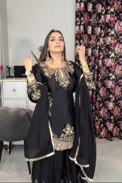Women’s Heavy Chinon Silk Embroidered Sharara Set with Dupatta | Sequence Work Kurti & Palazzo | Fully Stitched Party Wear Suit