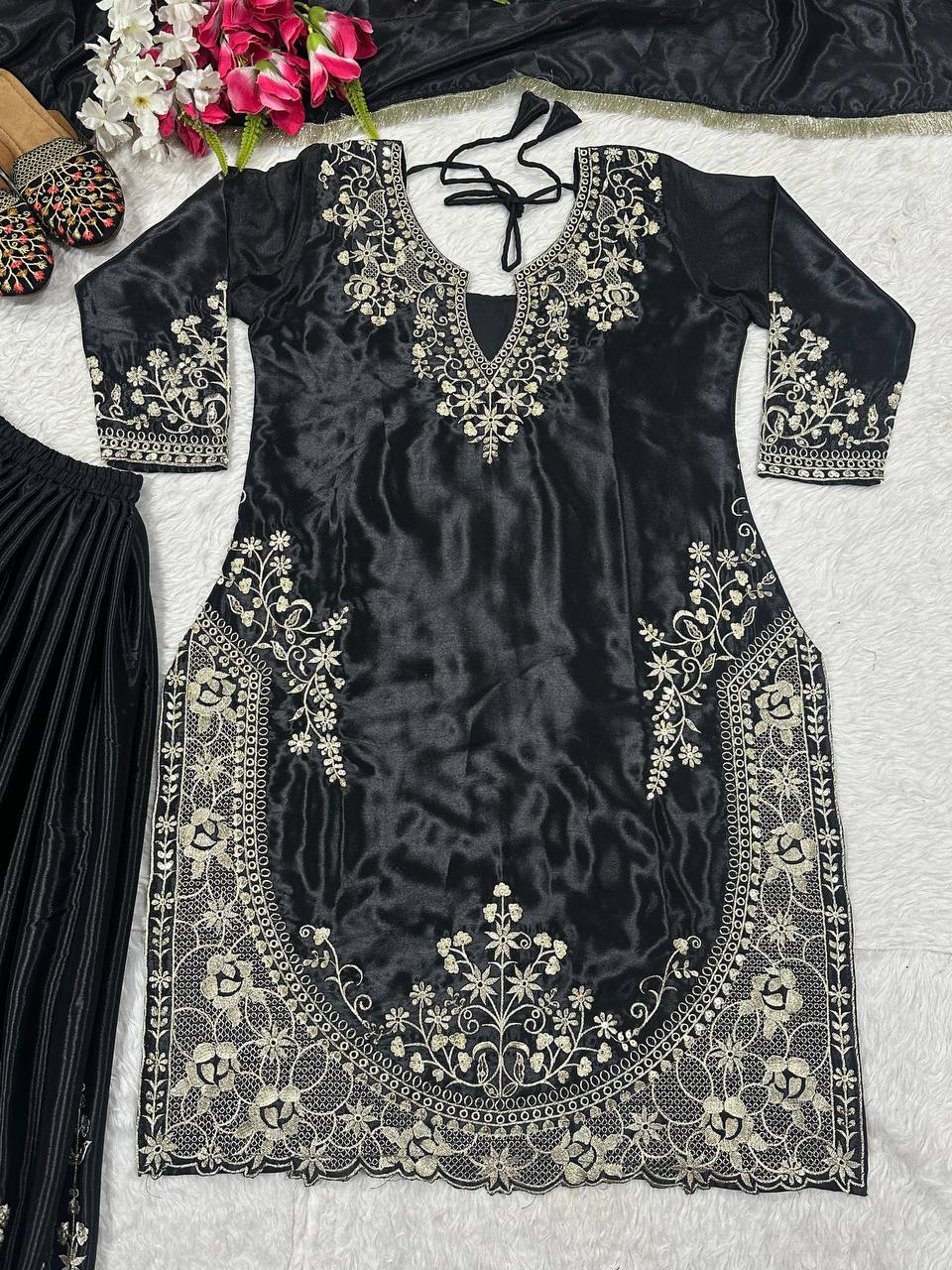 Women’s Heavy Chinon Silk Embroidered Sharara Set with Dupatta | Sequence Work Kurti & Palazzo | Fully Stitched Party Wear Suit