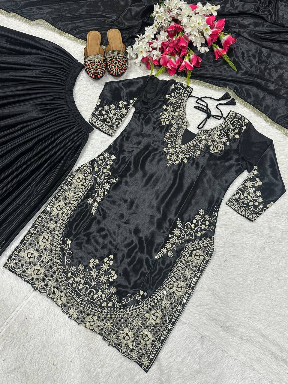Women’s Heavy Chinon Silk Embroidered Sharara Set with Dupatta | Sequence Work Kurti & Palazzo | Fully Stitched Party Wear Suit