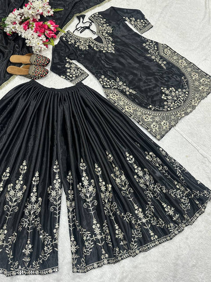 Women’s Heavy Chinon Silk Embroidered Sharara Set with Dupatta | Sequence Work Kurti & Palazzo | Fully Stitched Party Wear Suit