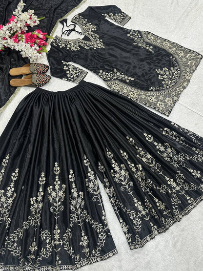 Women’s Heavy Chinon Silk Embroidered Sharara Set with Dupatta | Sequence Work Kurti & Palazzo | Fully Stitched Party Wear Suit