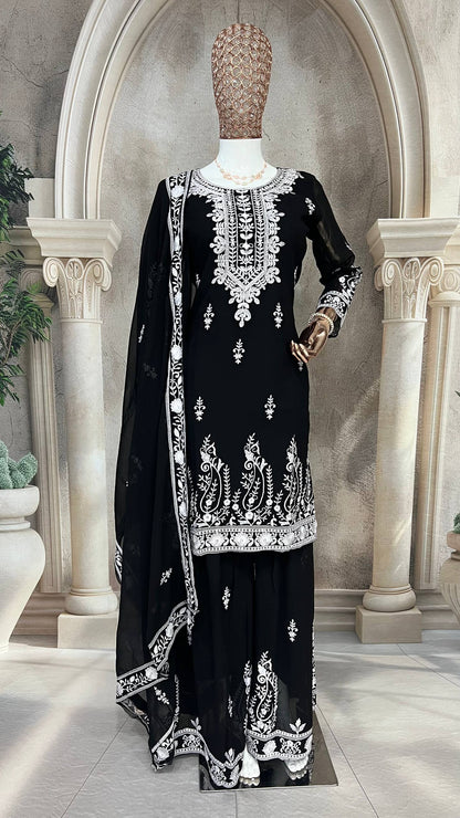 Designer Heavy Pure Faux Georgette Silk Sharara Set with Dupatta – Multi-Needle Sequins Embroidery