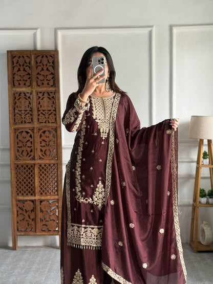 Kurti Plazzo Set Embroidered Work with Party Wear Chinon Silk fabric Kurti pair has a Regular-fit
