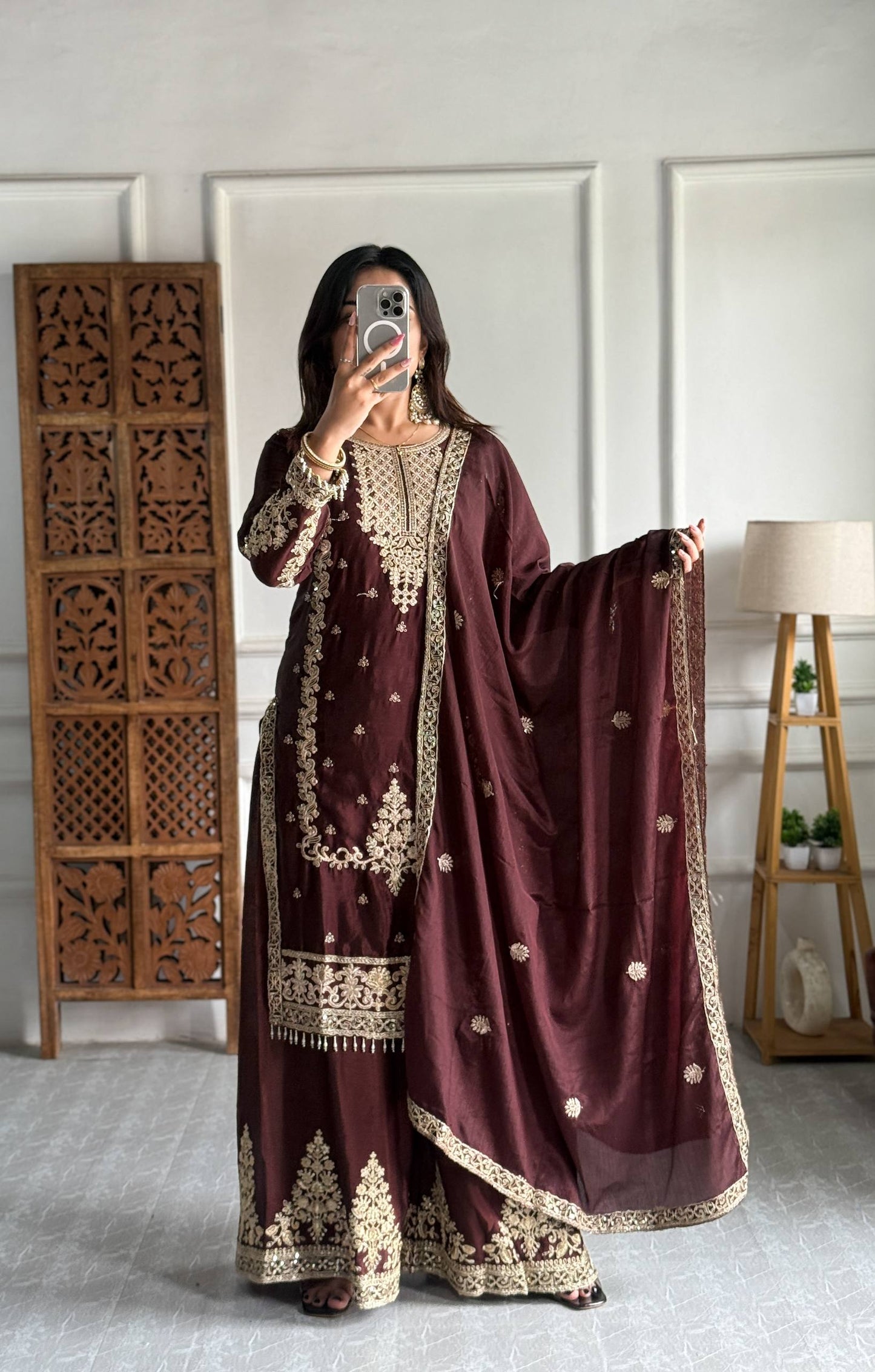 Kurti Plazzo Set Embroidered Work with Party Wear Chinon Silk fabric Kurti pair has a Regular-fit