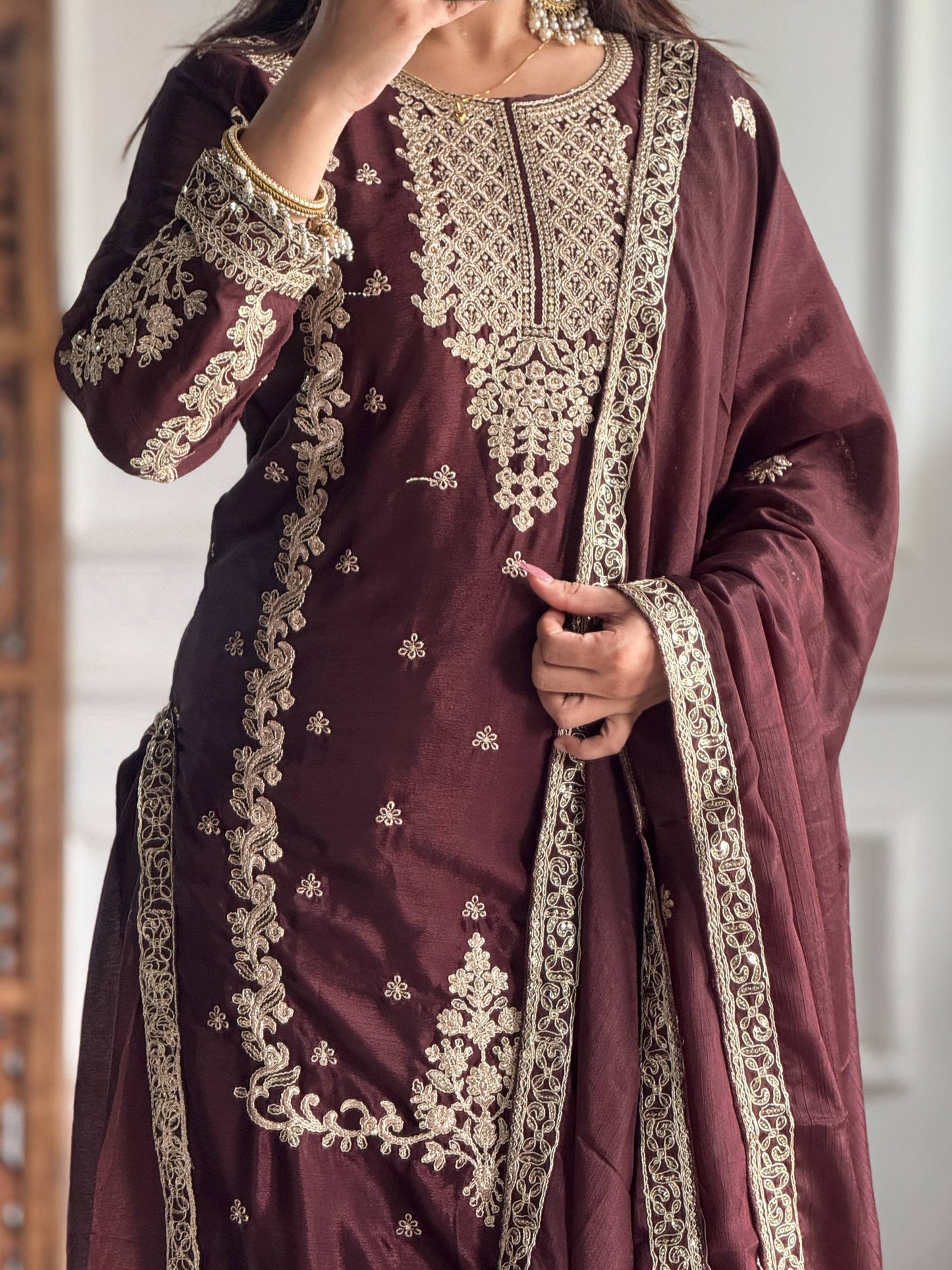 Kurti Plazzo Set Embroidered Work with Party Wear Chinon Silk fabric Kurti pair has a Regular-fit