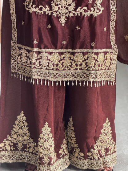 Kurti Plazzo Set Embroidered Work with Party Wear Chinon Silk fabric Kurti pair has a Regular-fit