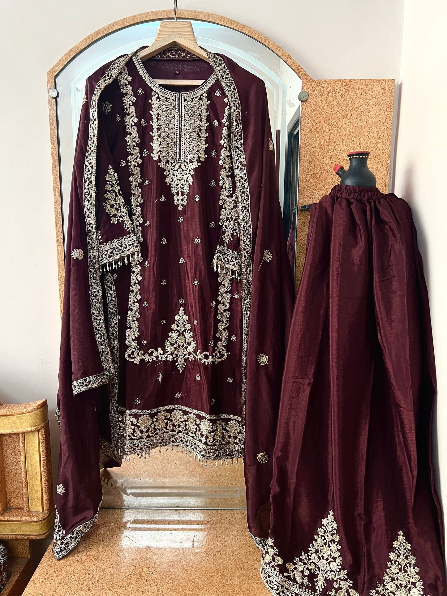 Kurti Plazzo Set Embroidered Work with Party Wear Chinon Silk fabric Kurti pair has a Regular-fit