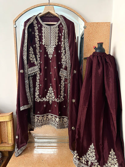 Kurti Plazzo Set Embroidered Work with Party Wear Chinon Silk fabric Kurti pair has a Regular-fit