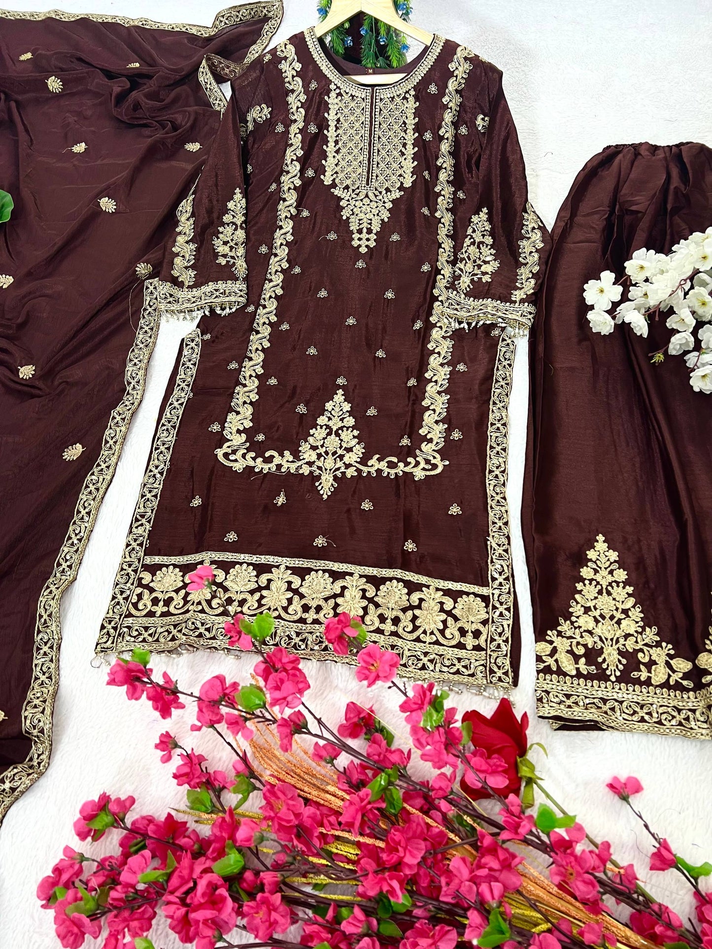 Kurti Plazzo Set Embroidered Work with Party Wear Chinon Silk fabric Kurti pair has a Regular-fit