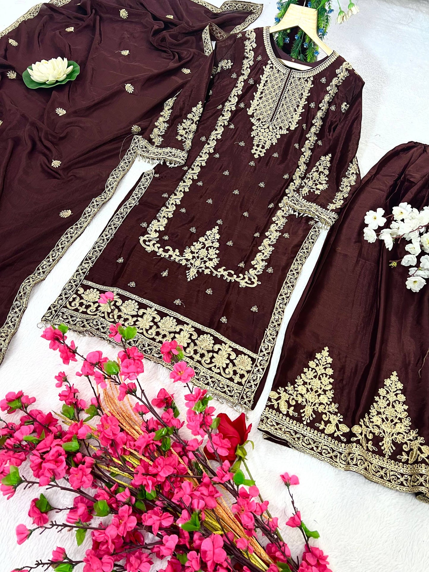 Kurti Plazzo Set Embroidered Work with Party Wear Chinon Silk fabric Kurti pair has a Regular-fit