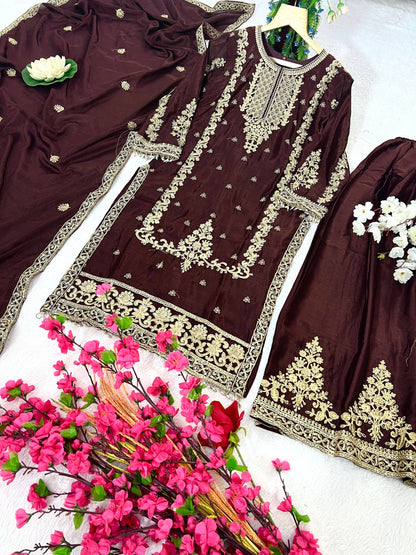 Kurti Plazzo Set Embroidered Work with Party Wear Chinon Silk fabric Kurti pair has a Regular-fit