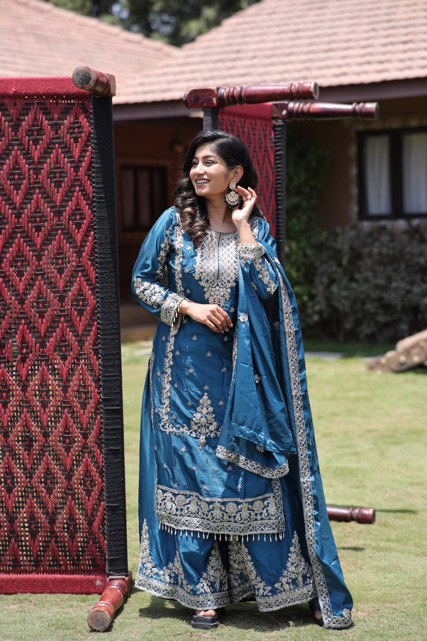 Kurti Plazzo Set Embroidered Work with Party Wear Chinon Silk fabric Kurti pair has a Regular-fit