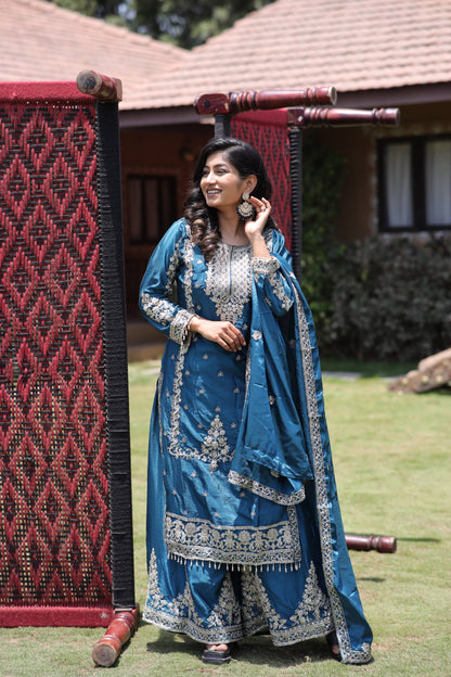 Kurti Plazzo Set Embroidered Work with Party Wear Chinon Silk fabric Kurti pair has a Regular-fit