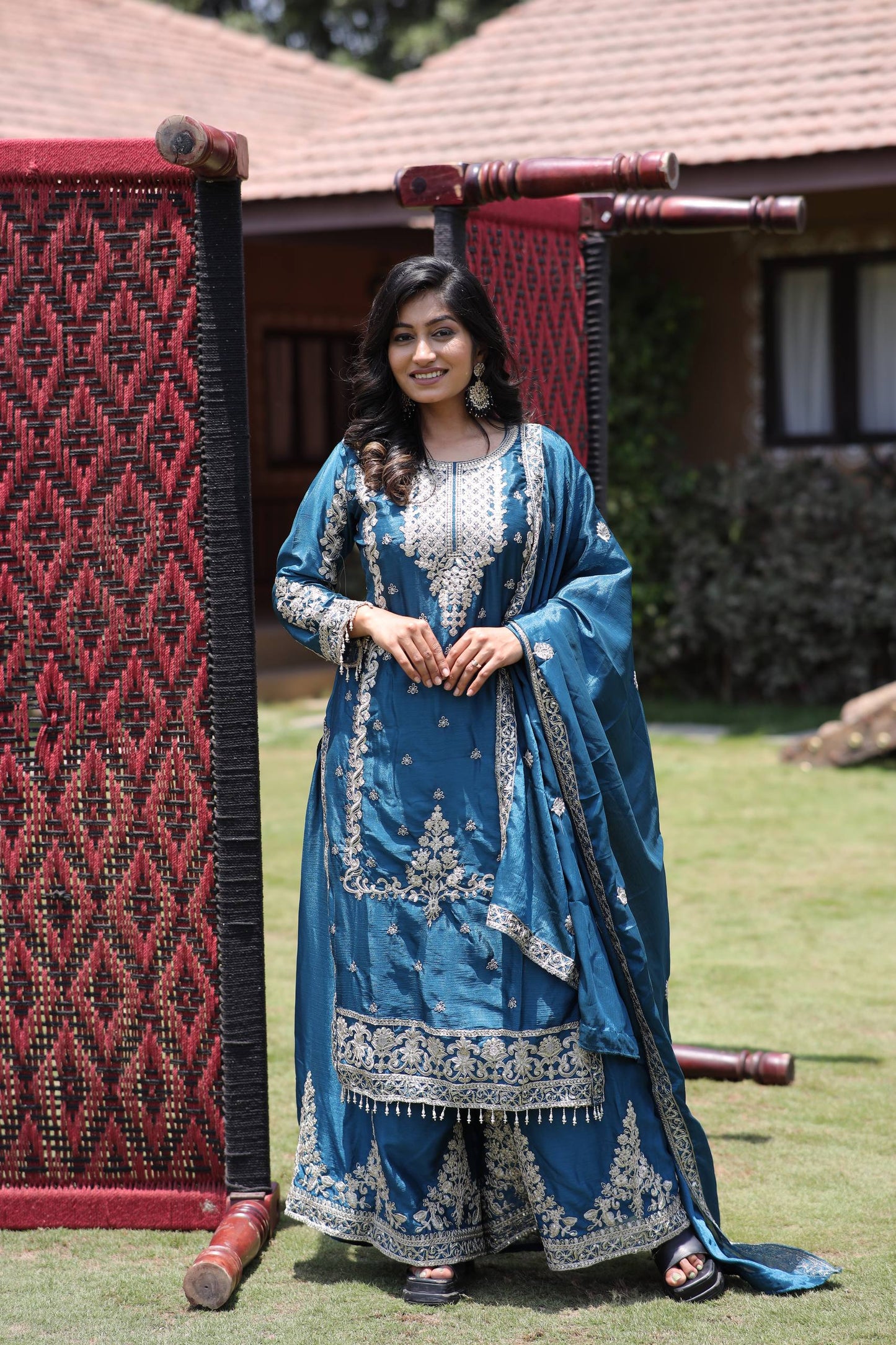 Kurti Plazzo Set Embroidered Work with Party Wear Chinon Silk fabric Kurti pair has a Regular-fit