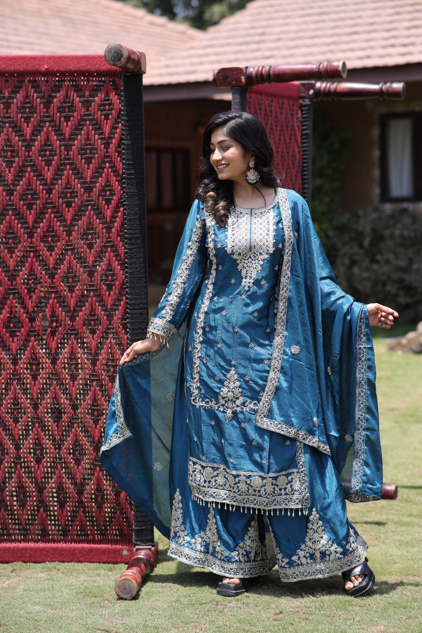 Kurti Plazzo Set Embroidered Work with Party Wear Chinon Silk fabric Kurti pair has a Regular-fit