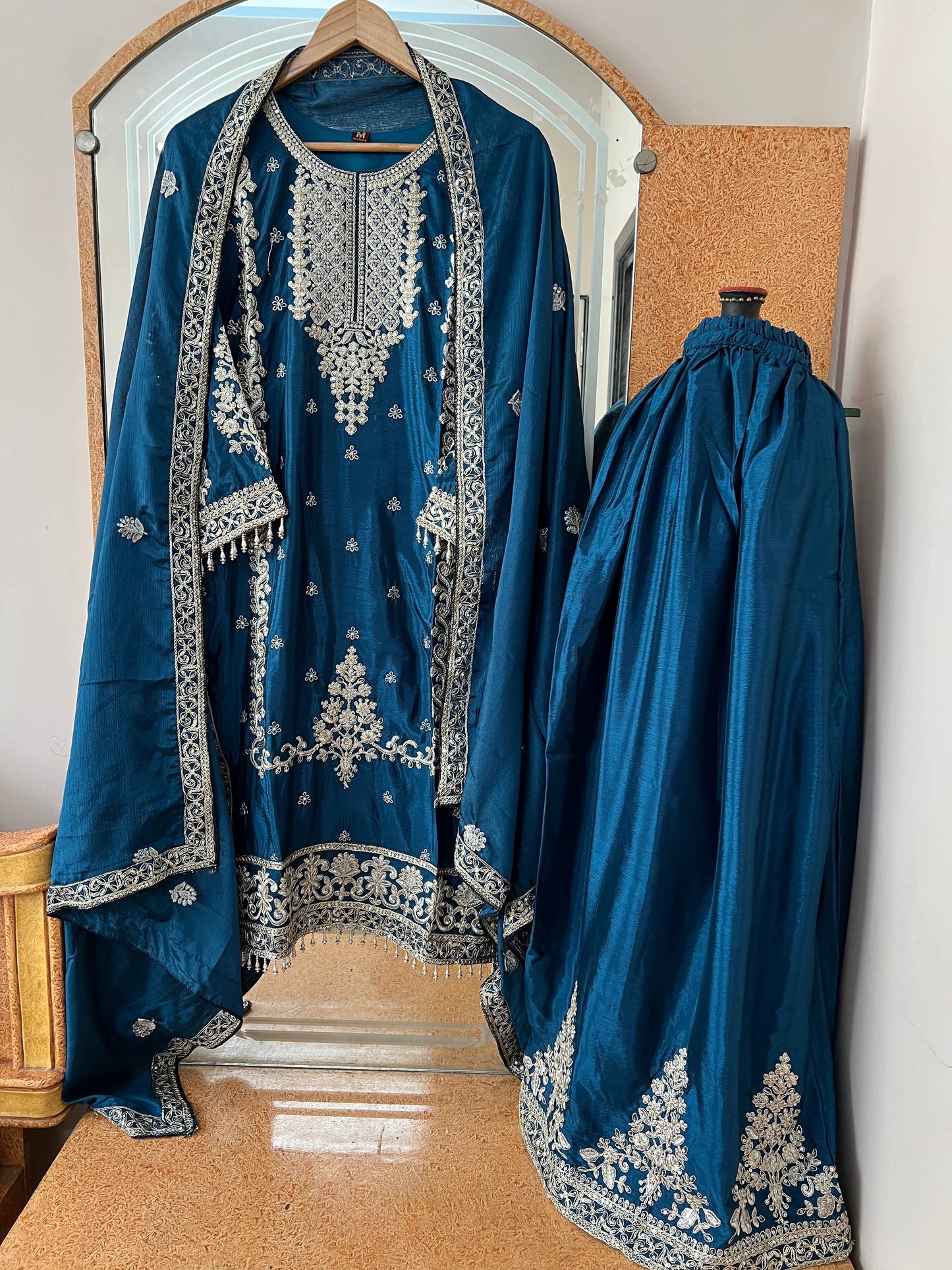 Kurti Plazzo Set Embroidered Work with Party Wear Chinon Silk fabric Kurti pair has a Regular-fit