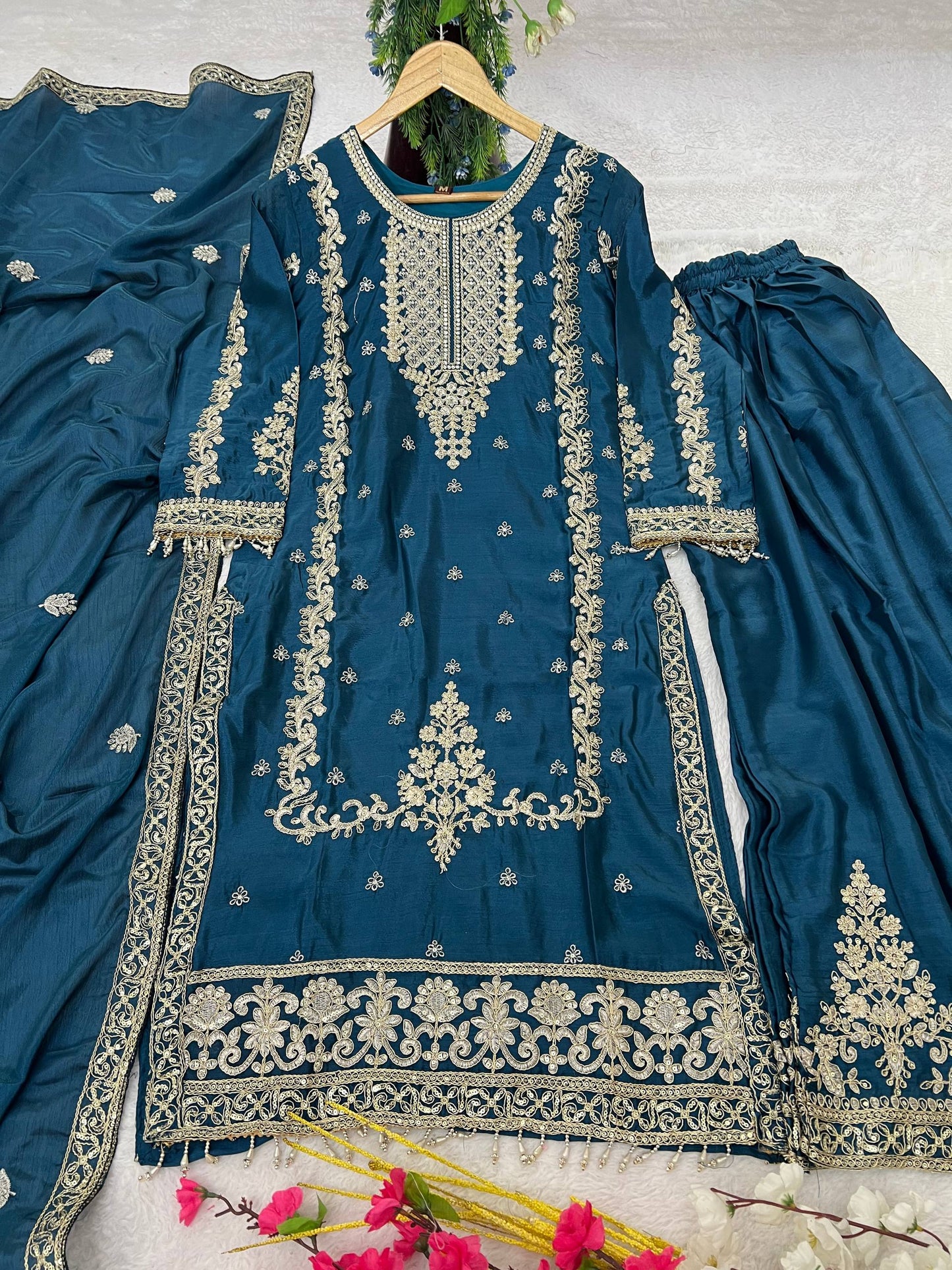 Kurti Plazzo Set Embroidered Work with Party Wear Chinon Silk fabric Kurti pair has a Regular-fit