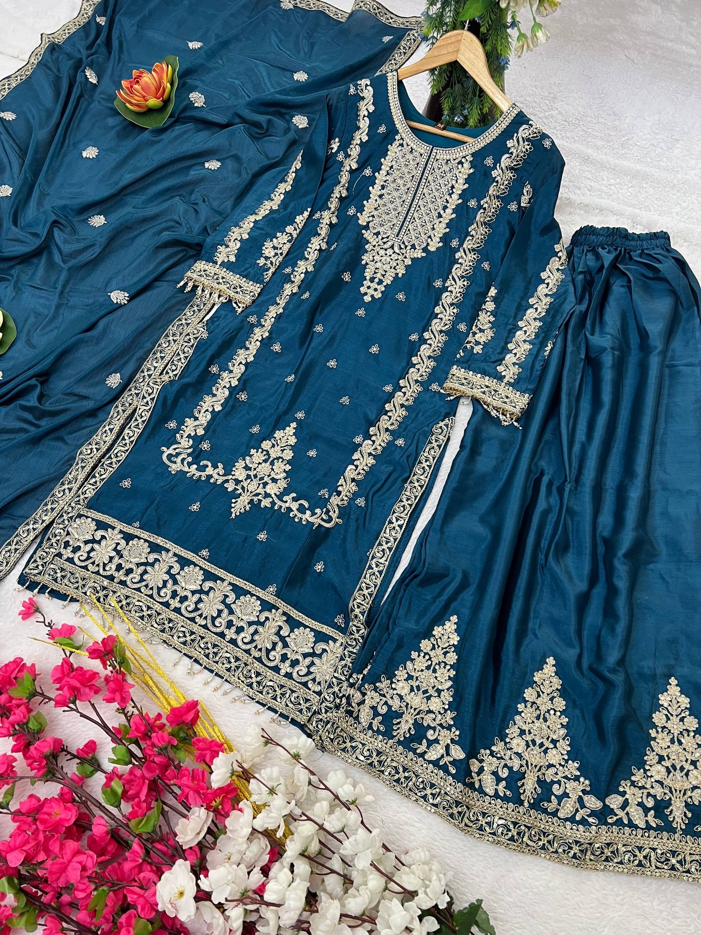 Kurti Plazzo Set Embroidered Work with Party Wear Chinon Silk fabric Kurti pair has a Regular-fit