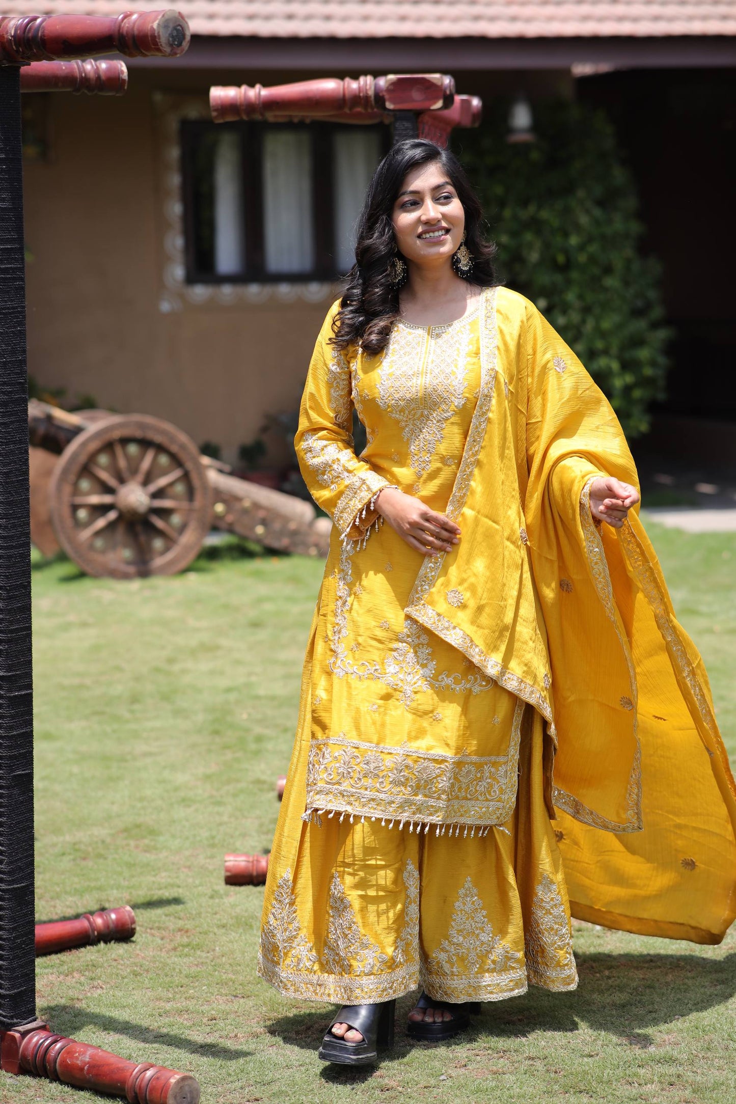 Kurti Plazzo Set Embroidered Work with Party Wear Chinon Silk fabric Kurti pair has a Regular-fit