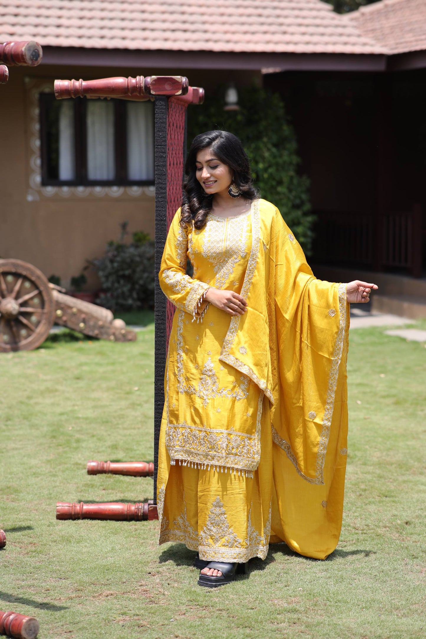 Kurti Plazzo Set Embroidered Work with Party Wear Chinon Silk fabric Kurti pair has a Regular-fit