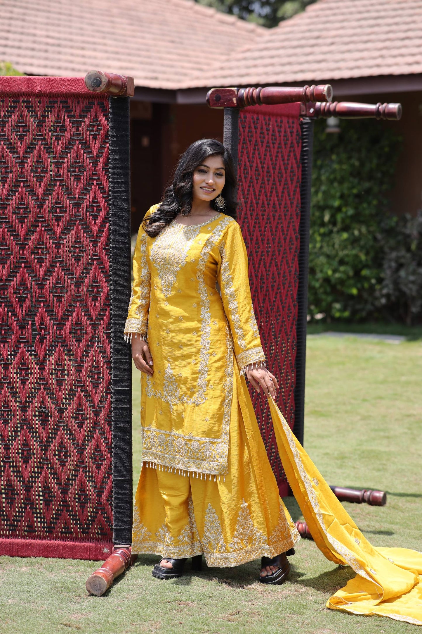 Kurti Plazzo Set Embroidered Work with Party Wear Chinon Silk fabric Kurti pair has a Regular-fit