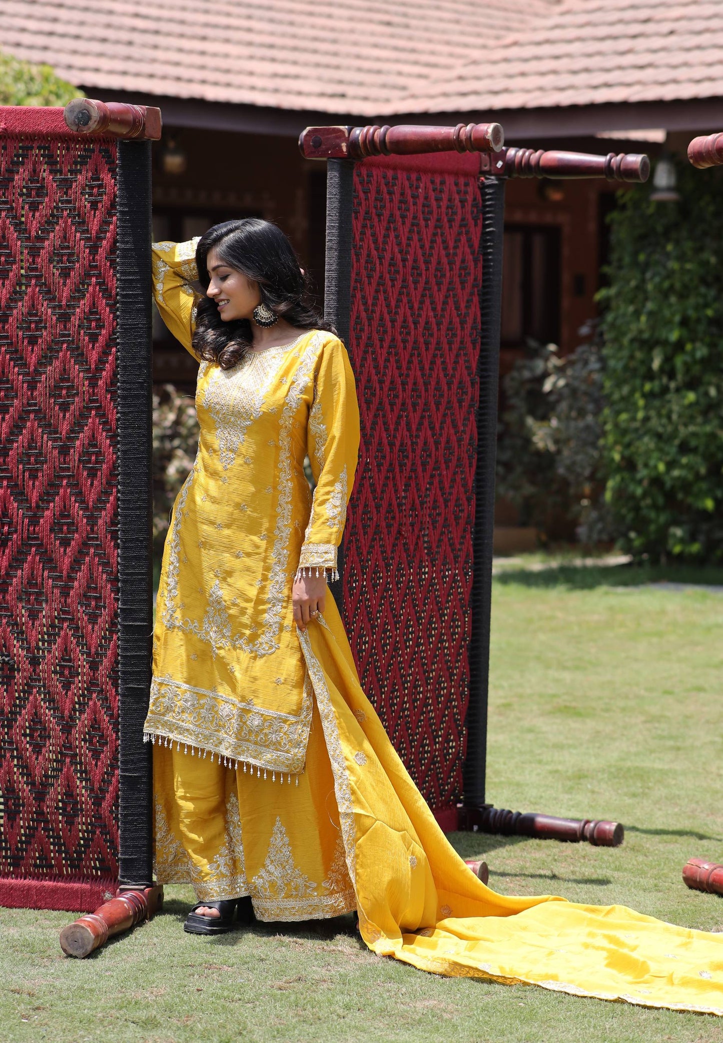 Kurti Plazzo Set Embroidered Work with Party Wear Chinon Silk fabric Kurti pair has a Regular-fit