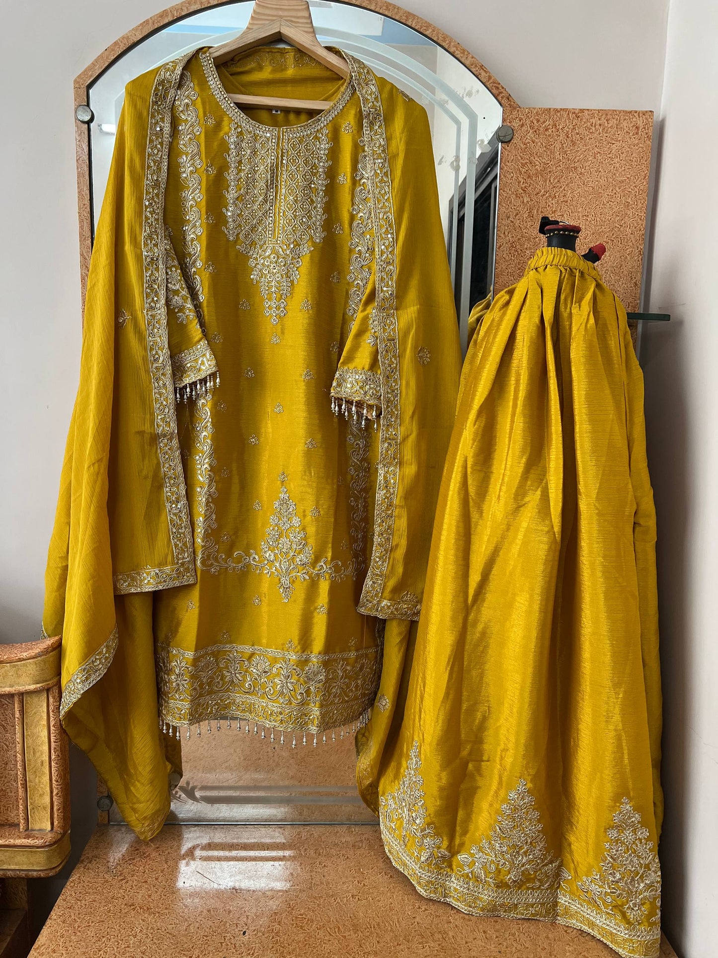 Kurti Plazzo Set Embroidered Work with Party Wear Chinon Silk fabric Kurti pair has a Regular-fit