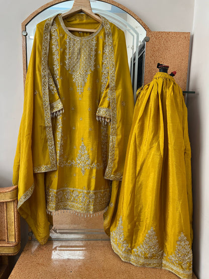 Kurti Plazzo Set Embroidered Work with Party Wear Chinon Silk fabric Kurti pair has a Regular-fit