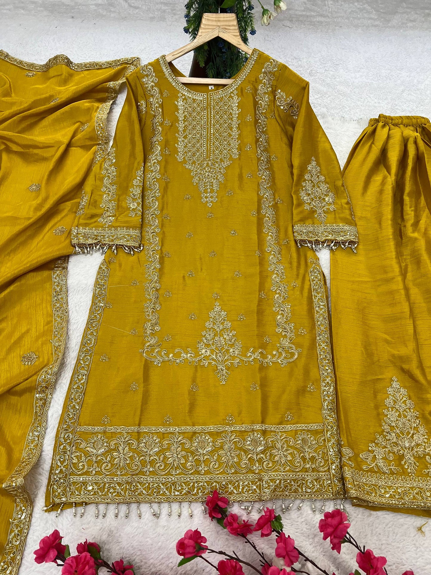 Kurti Plazzo Set Embroidered Work with Party Wear Chinon Silk fabric Kurti pair has a Regular-fit