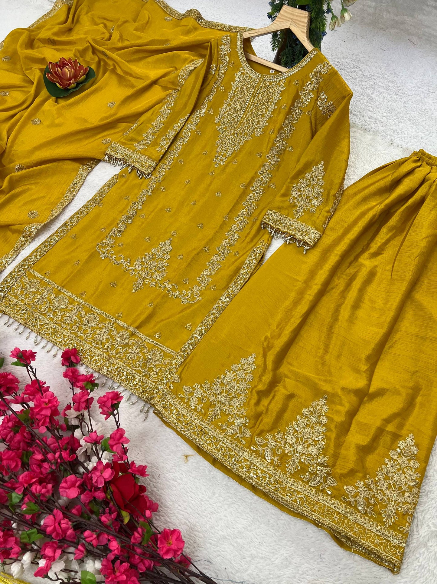 Kurti Plazzo Set Embroidered Work with Party Wear Chinon Silk fabric Kurti pair has a Regular-fit