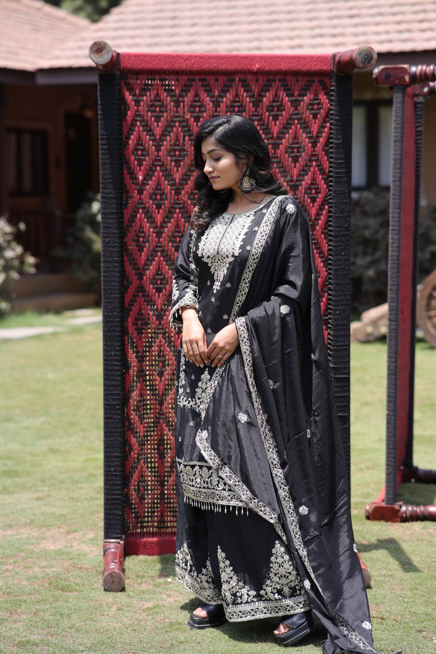 Kurti Plazzo Set Embroidered Work with Party Wear Chinon Silk fabric Kurti pair has a Regular-fit