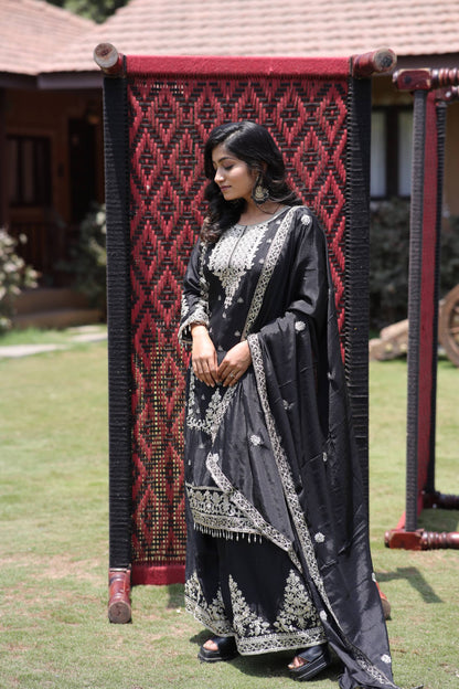 Kurti Plazzo Set Embroidered Work with Party Wear Chinon Silk fabric Kurti pair has a Regular-fit