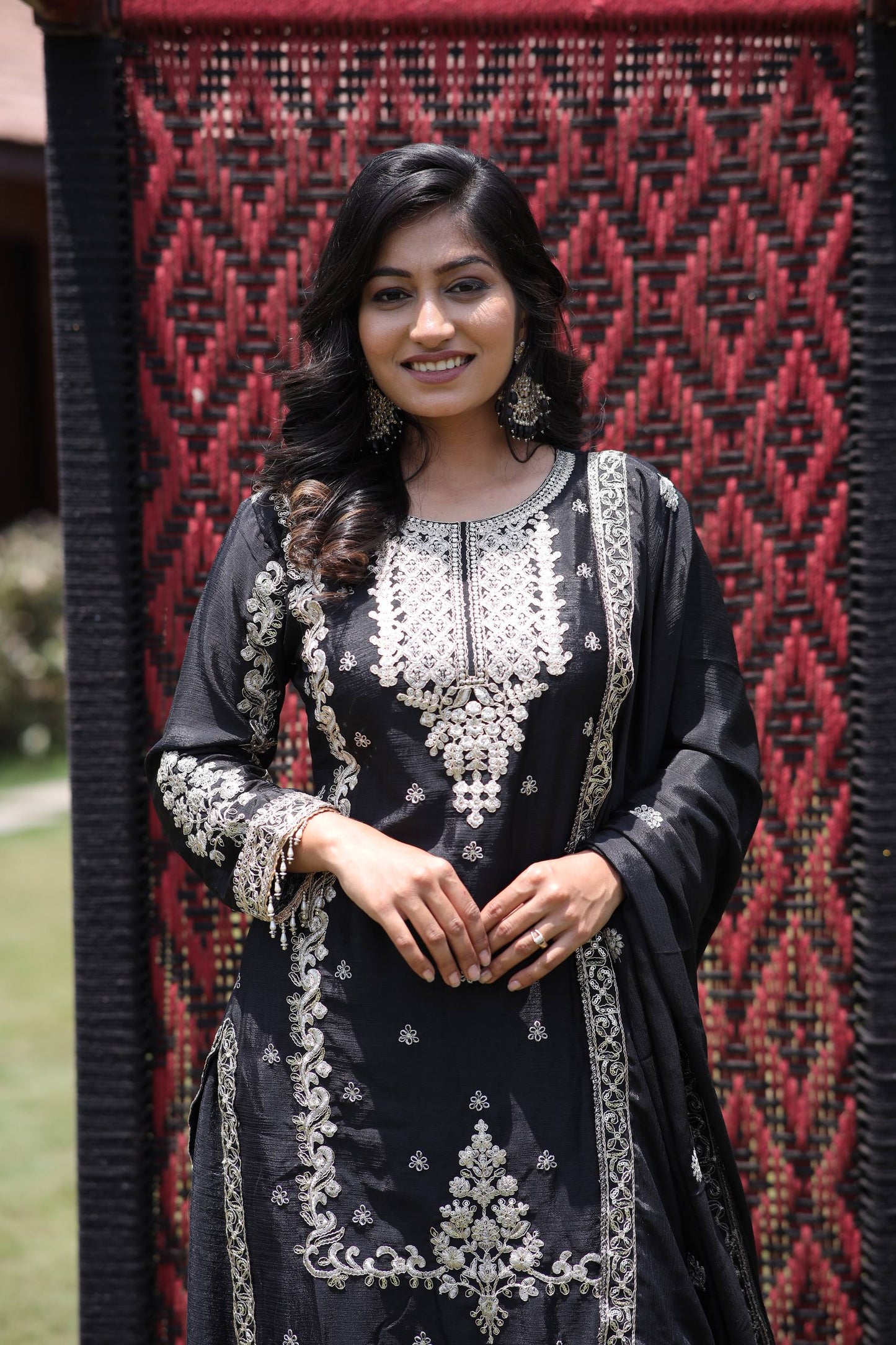 Kurti Plazzo Set Embroidered Work with Party Wear Chinon Silk fabric Kurti pair has a Regular-fit